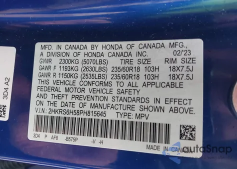 2023 Honda Cr-V Hybrid Sport z USA, uszkodzony, nr VIN 2HKRS6H58PH815645